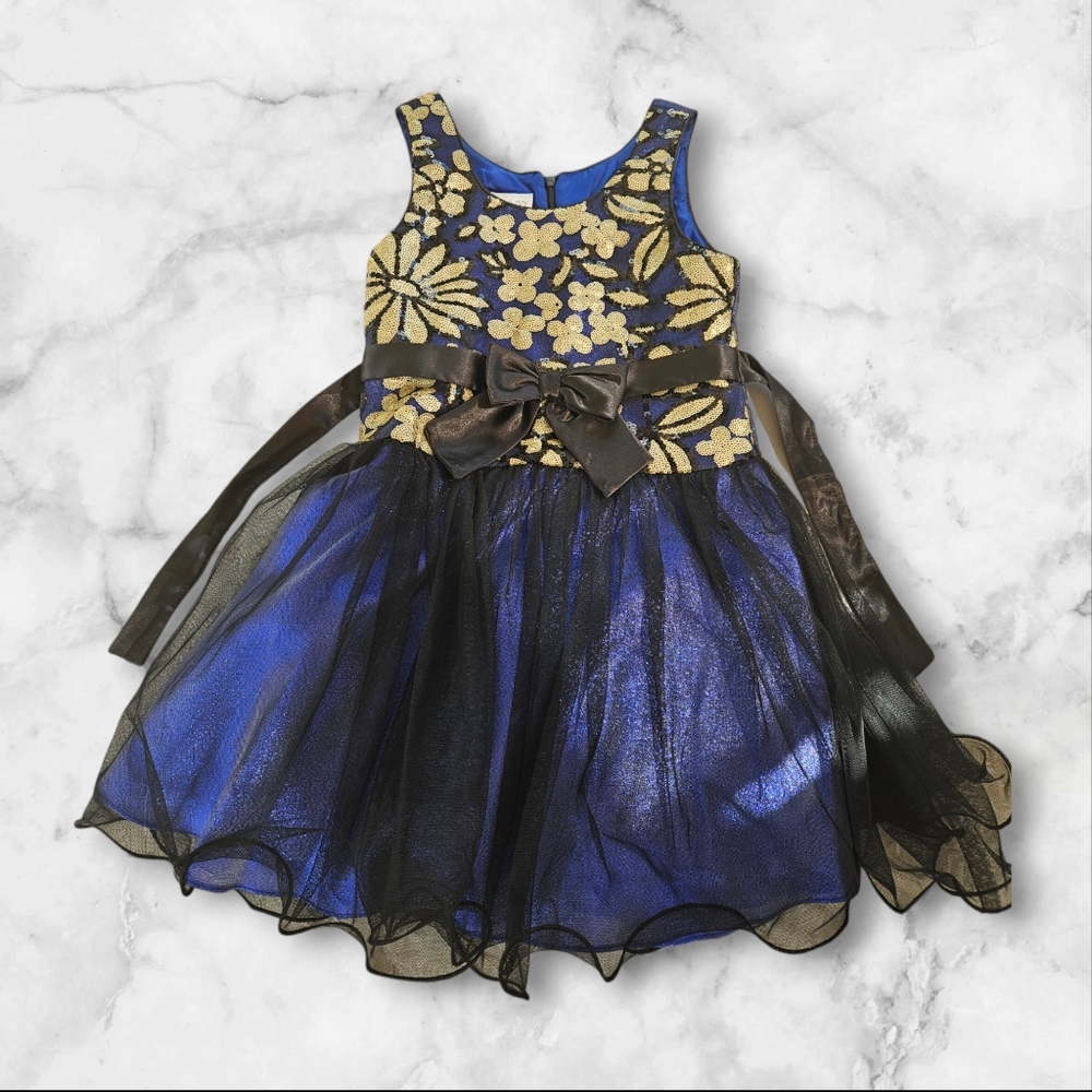 Iris & Ivy Kids Blue and Gold Flower Sequin Dress with Black Ribbon